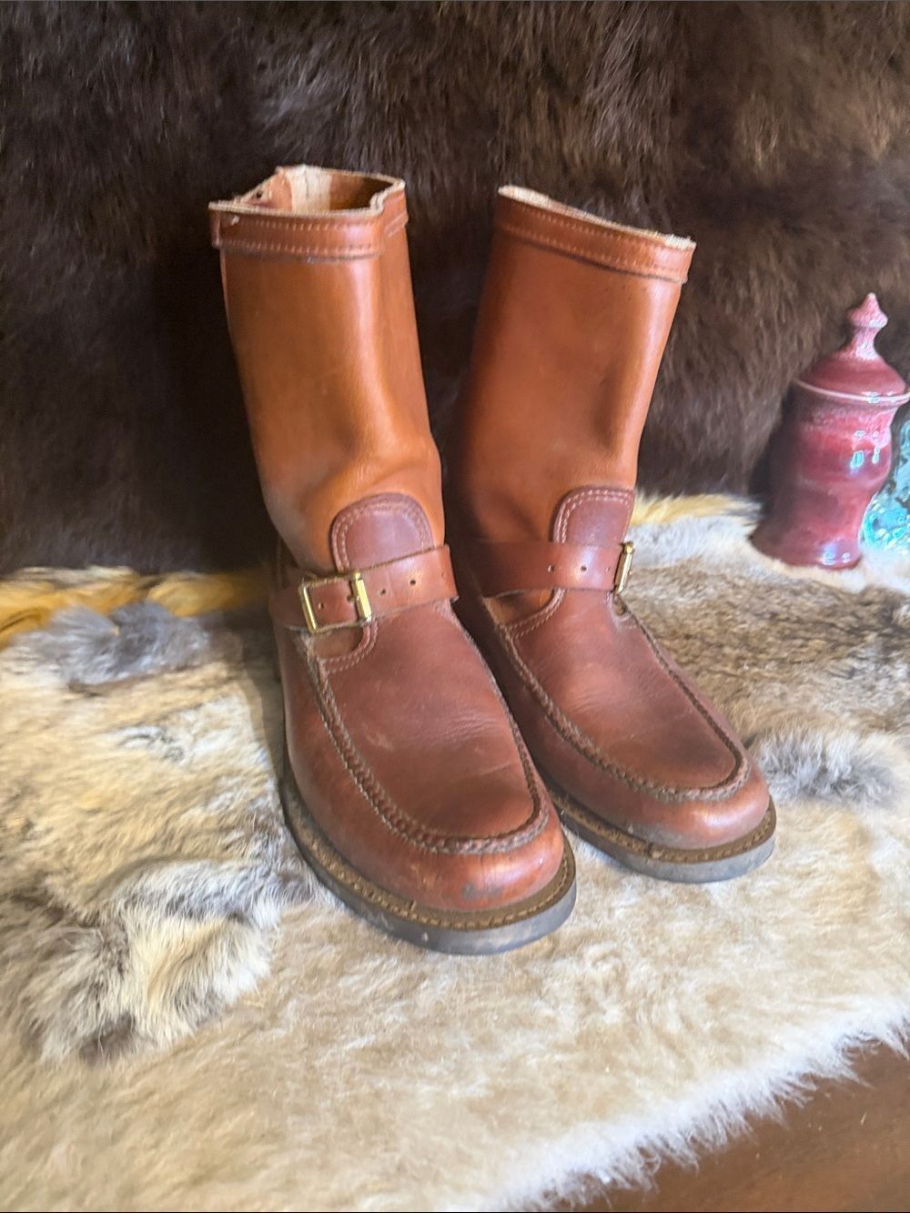 Men's Brown Leather Buckle Boots 10 (1825)